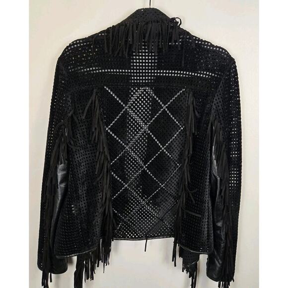 Vintage Alberto Makali Fringe Perforated Moto Hippie Rock Punk Sleeze MED Poly - Picture 5 of 9